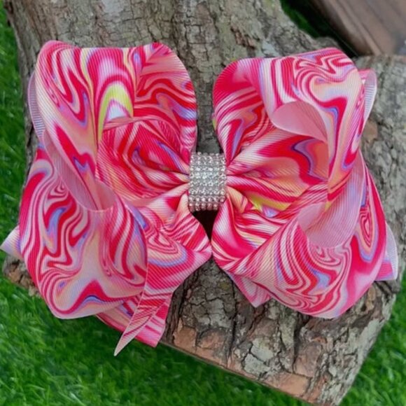 Large Pink Swirl Bow with Rhinestones - Picture 1 of 2
